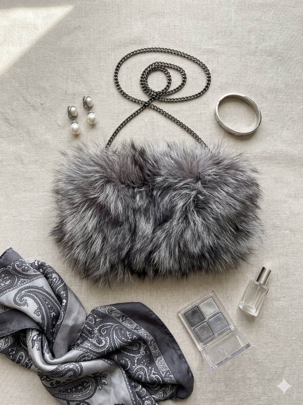 Volare New York Silver Fur Crossbody Bag Hand Muff